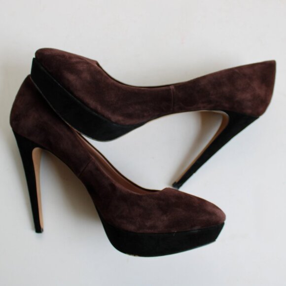 Vince Camuto Black Brown Ritz Suede Two-Tone Colorblock Platform Heels Size 8.5 - Picture 4 of 5